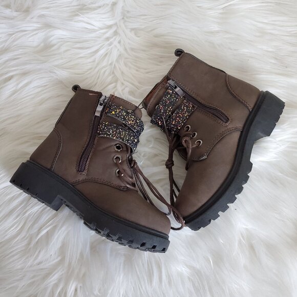 Blue Girls' Brown Glitter Strap Zip Lace Boots SZ 8 - Picture 1 of 8